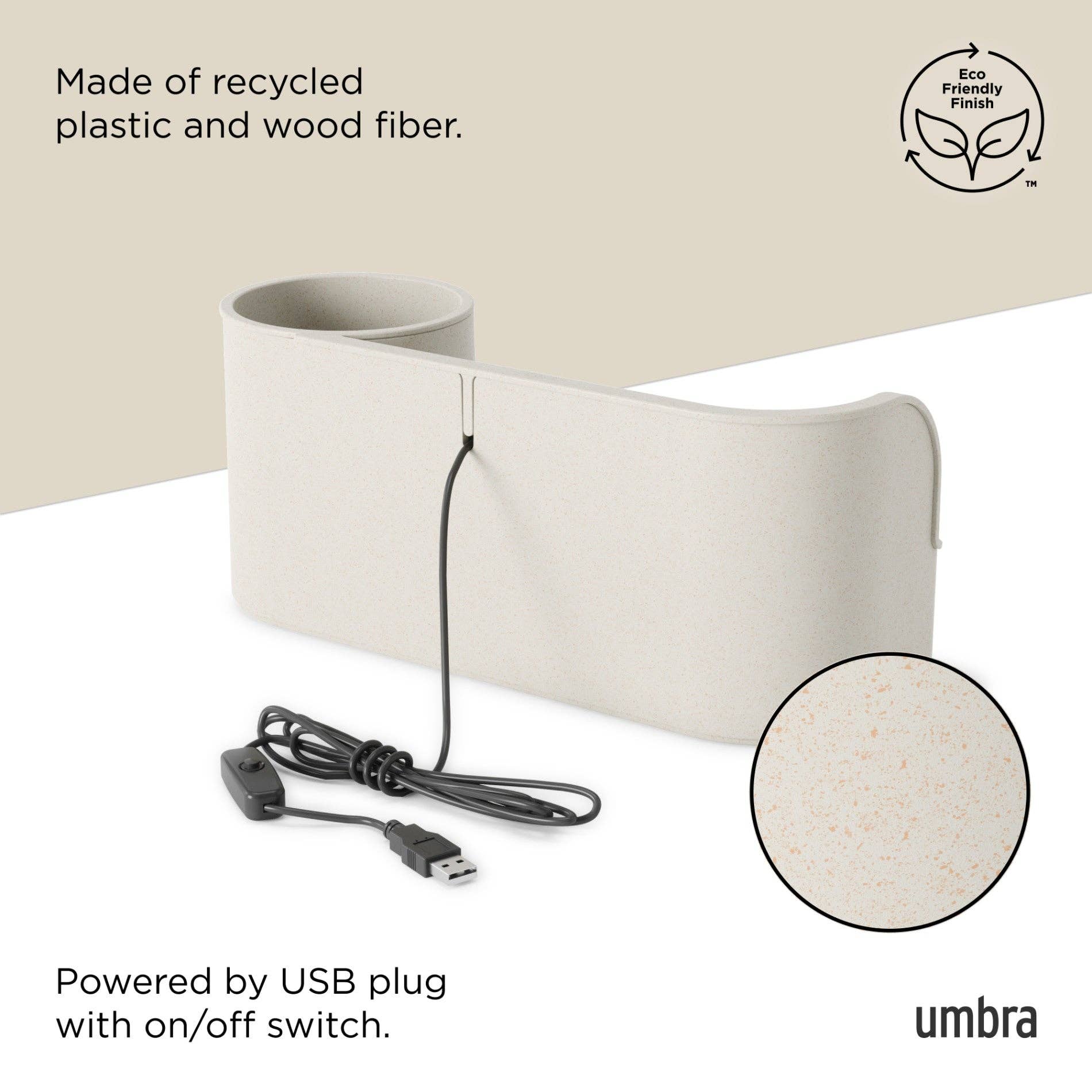 White lamp with USB plug and on/off switch, made of recycled plastic and wood fiber, branded 'Umbra'.