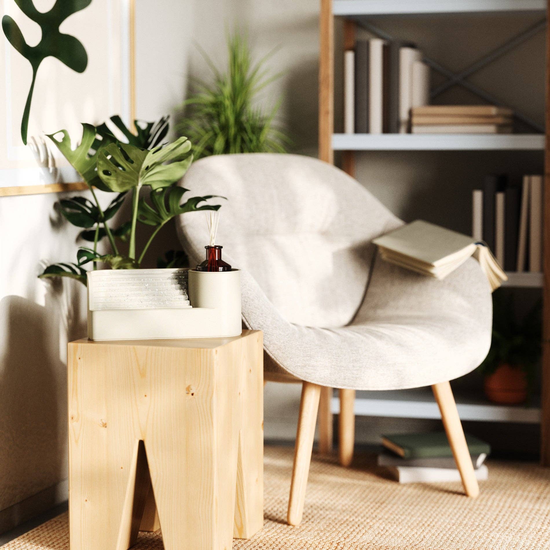 Modern interior with a chair, wooden stool, and plants in a home setting