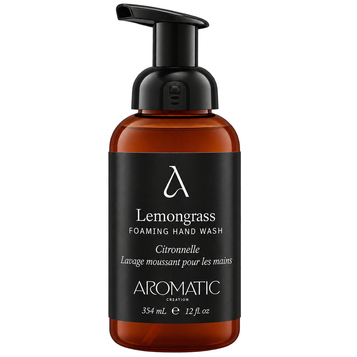 Amber soap bottle with a black foaming top, a black label with white printing