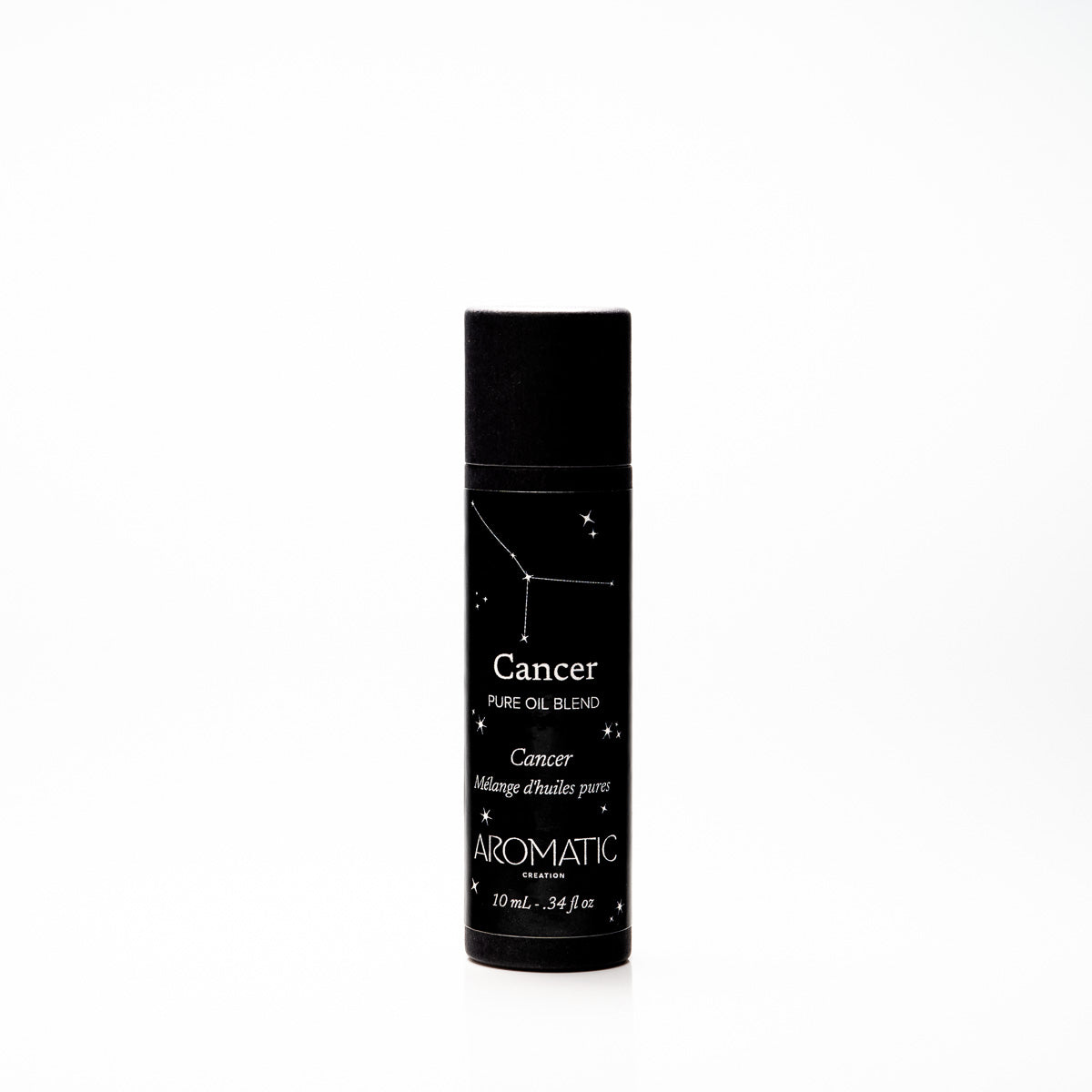 black cylinder tube with Cancer on it pure essential oil roller bottle