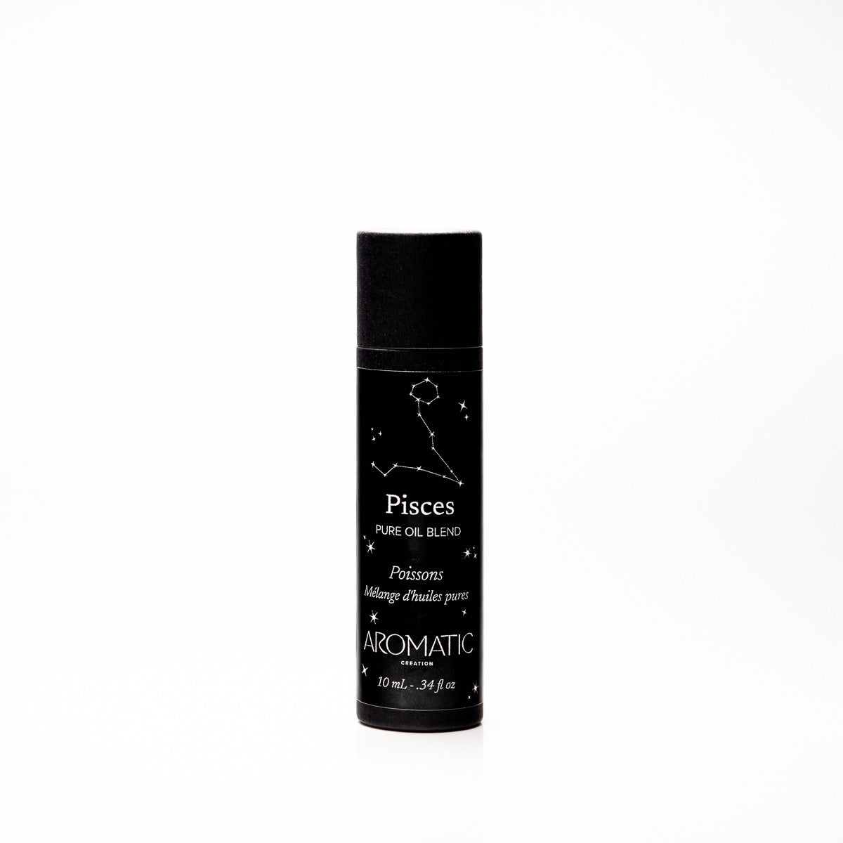 Black cylindrical bottle labeled 'Pisces' with star constellation design on a white background