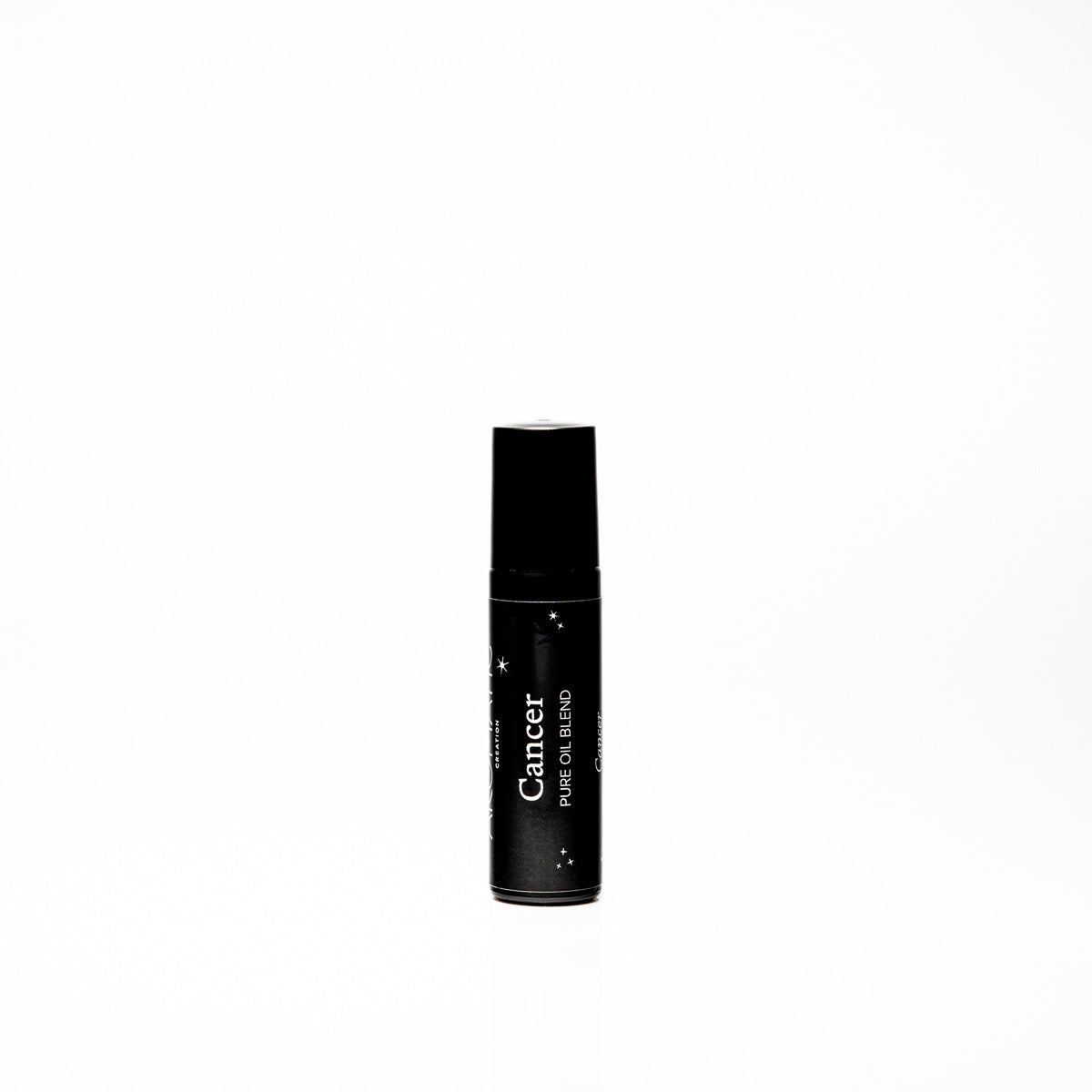 Black cylindrical bottle labeled 'Cancer Pure Oil Blend' on a white background