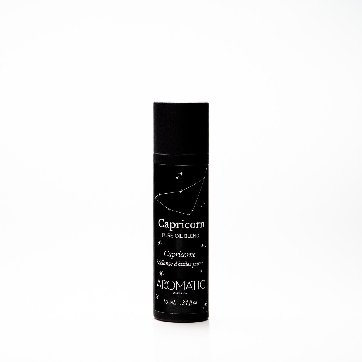 Black cylindrical bottle labeled 'Capricorn' with star sign design on a white background