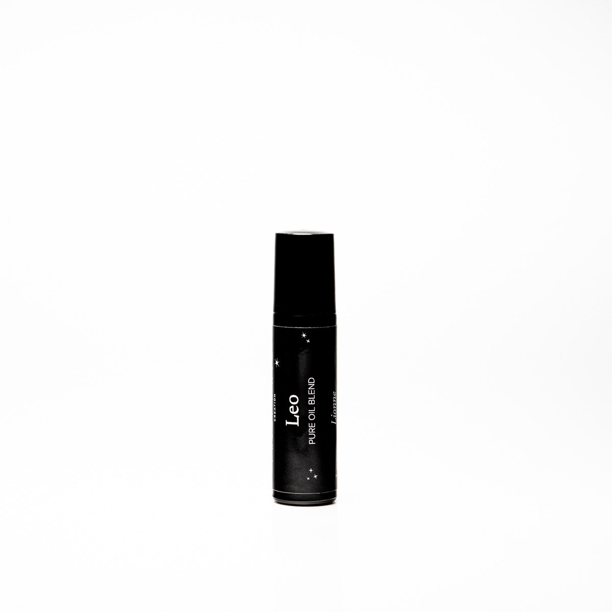 Black cylindrical bottle with white text on a white background