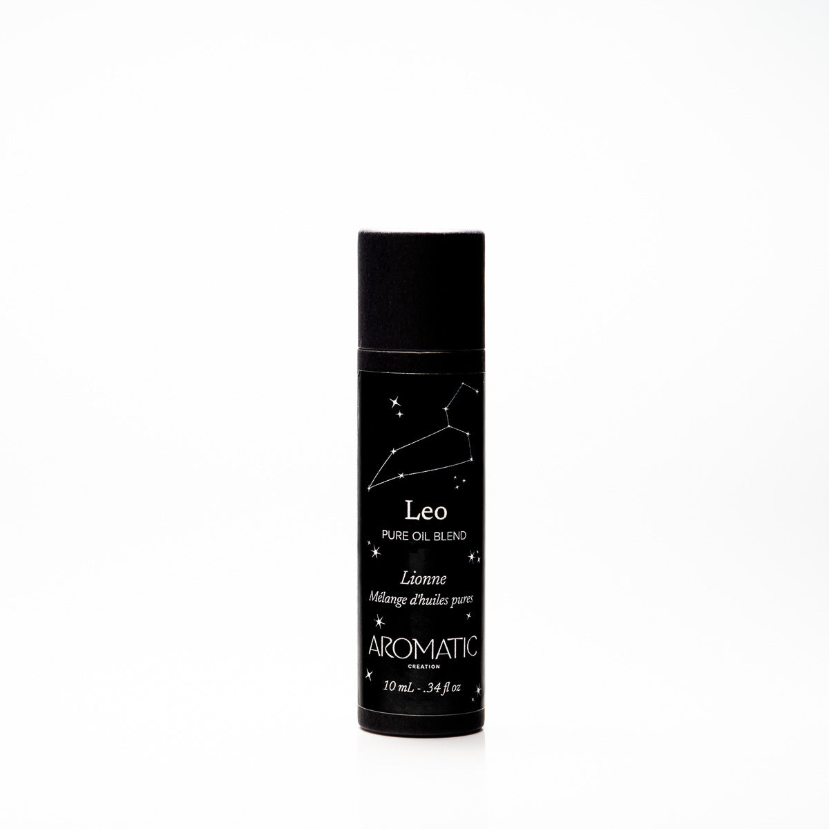 Black bottle of Leo pure oil blend on a white background