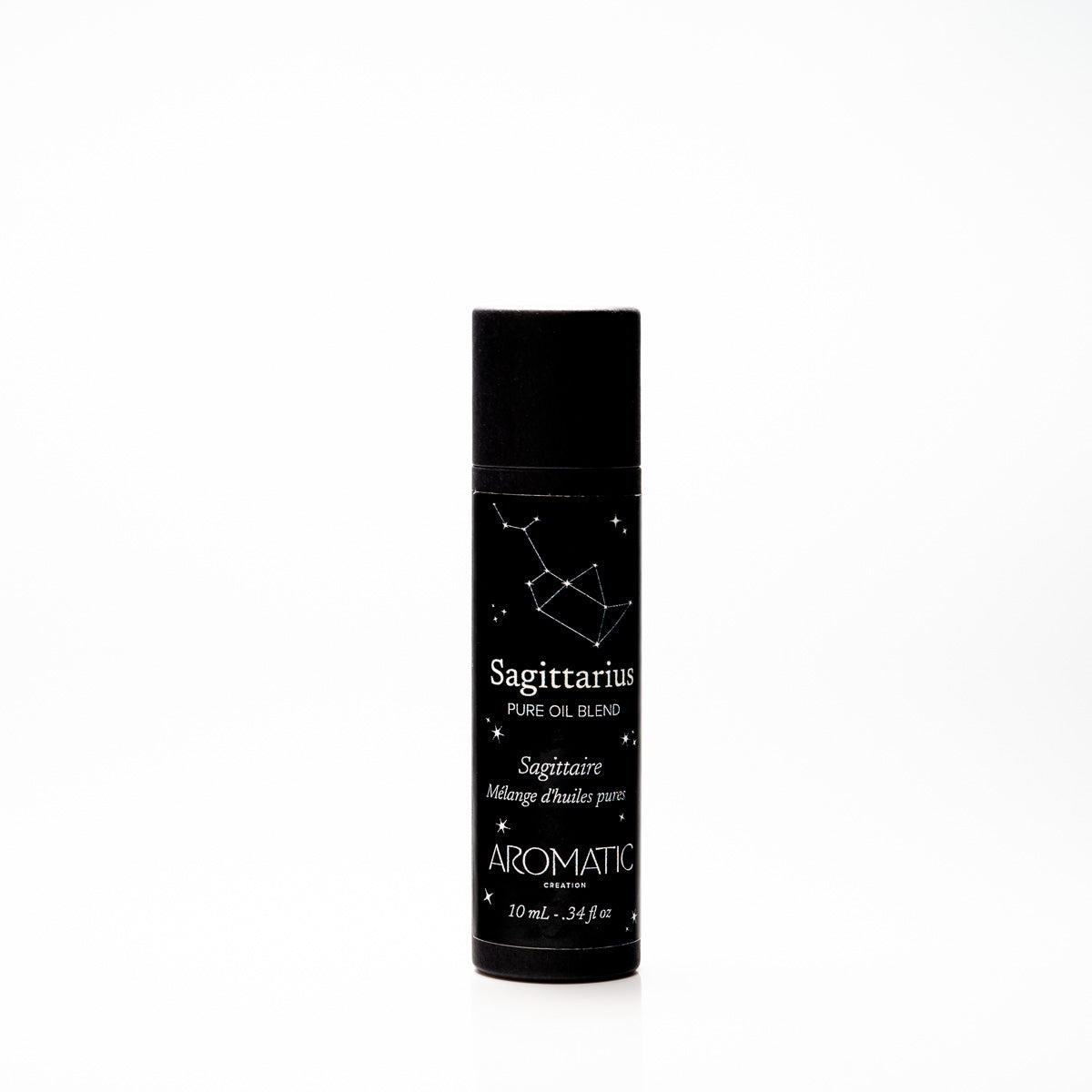 Black cylindrical bottle labeled 'Sagittarius' on a white background
