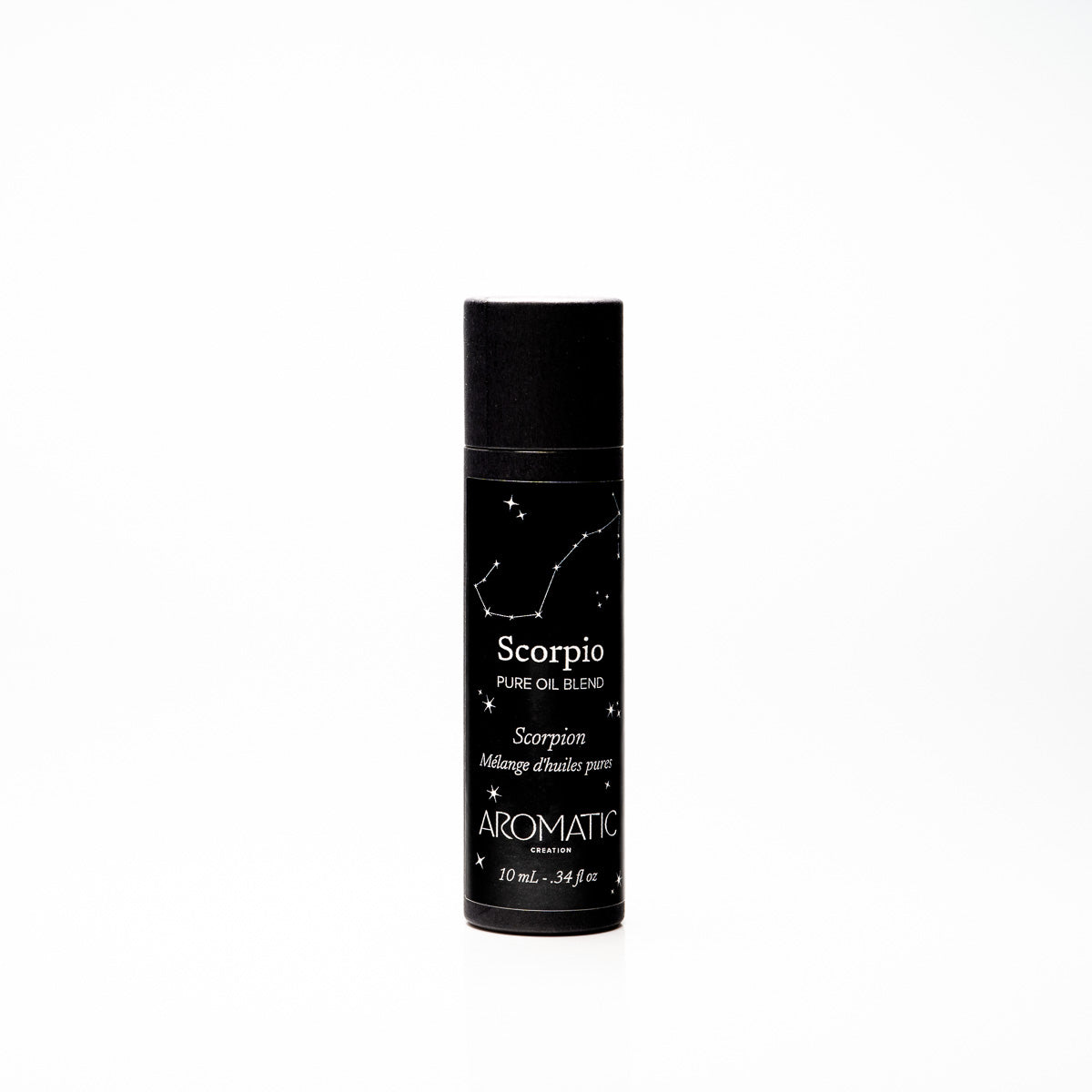 Black cylindrical bottle labeled 'Scorpio' on a white background